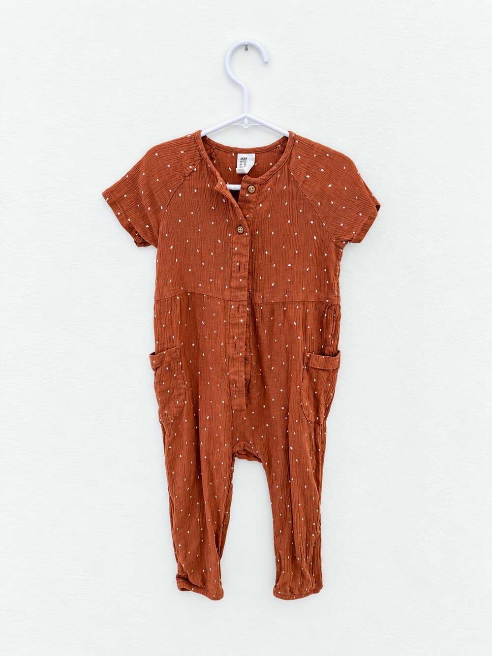 H&M Gauze Jumpsuit Size 2T Rust White Polka Dot Muslin Romper